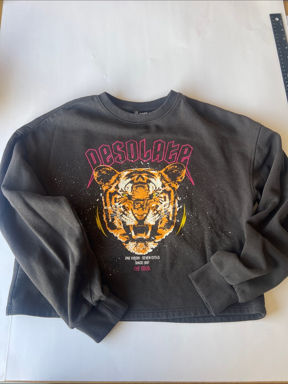 H&M Charcoal Crewneck Crop Sweater with Tiger Graphic and Pink Lettering